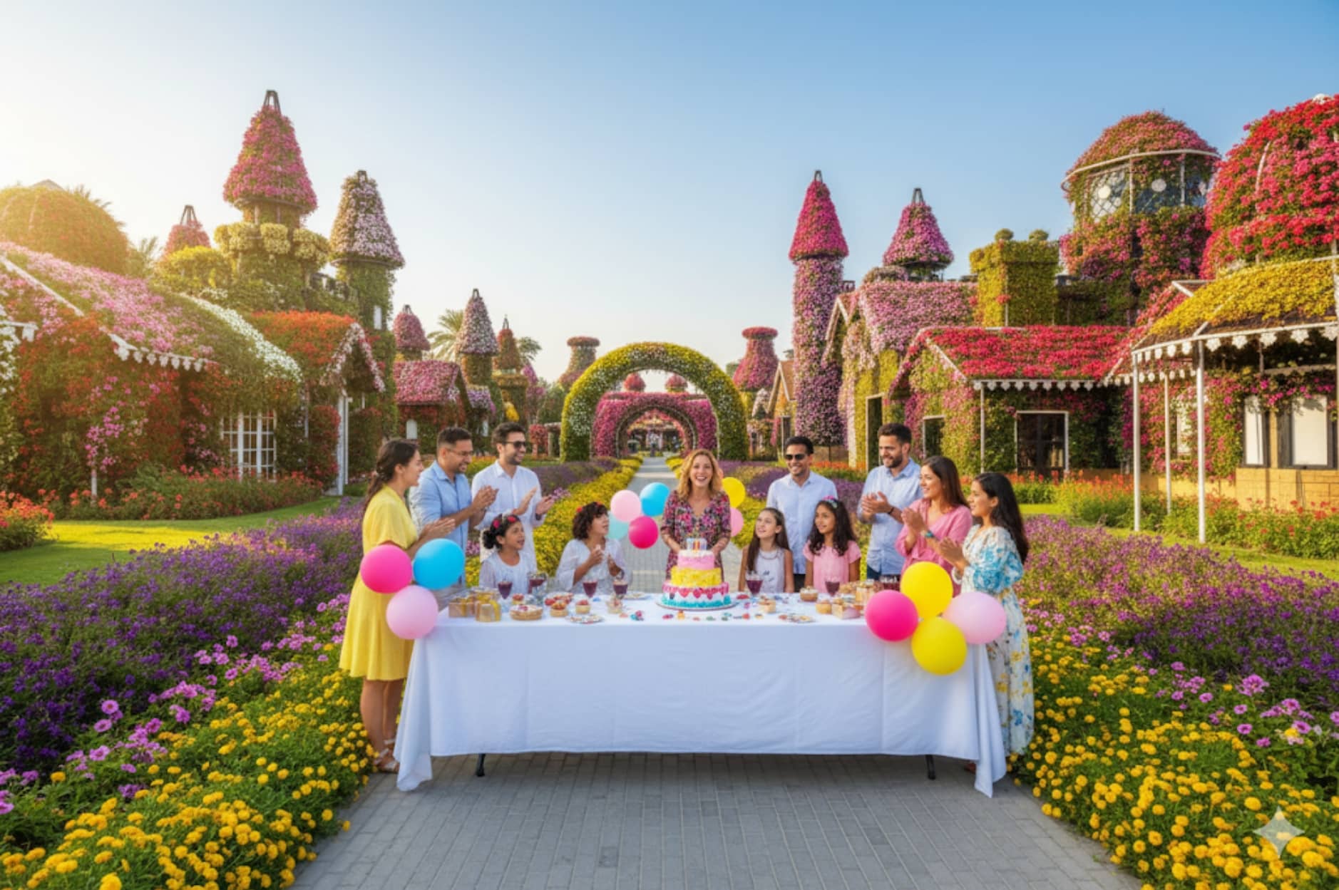 A birthday party taking place at Dubai Miracle Garden with a decorated table and guests.